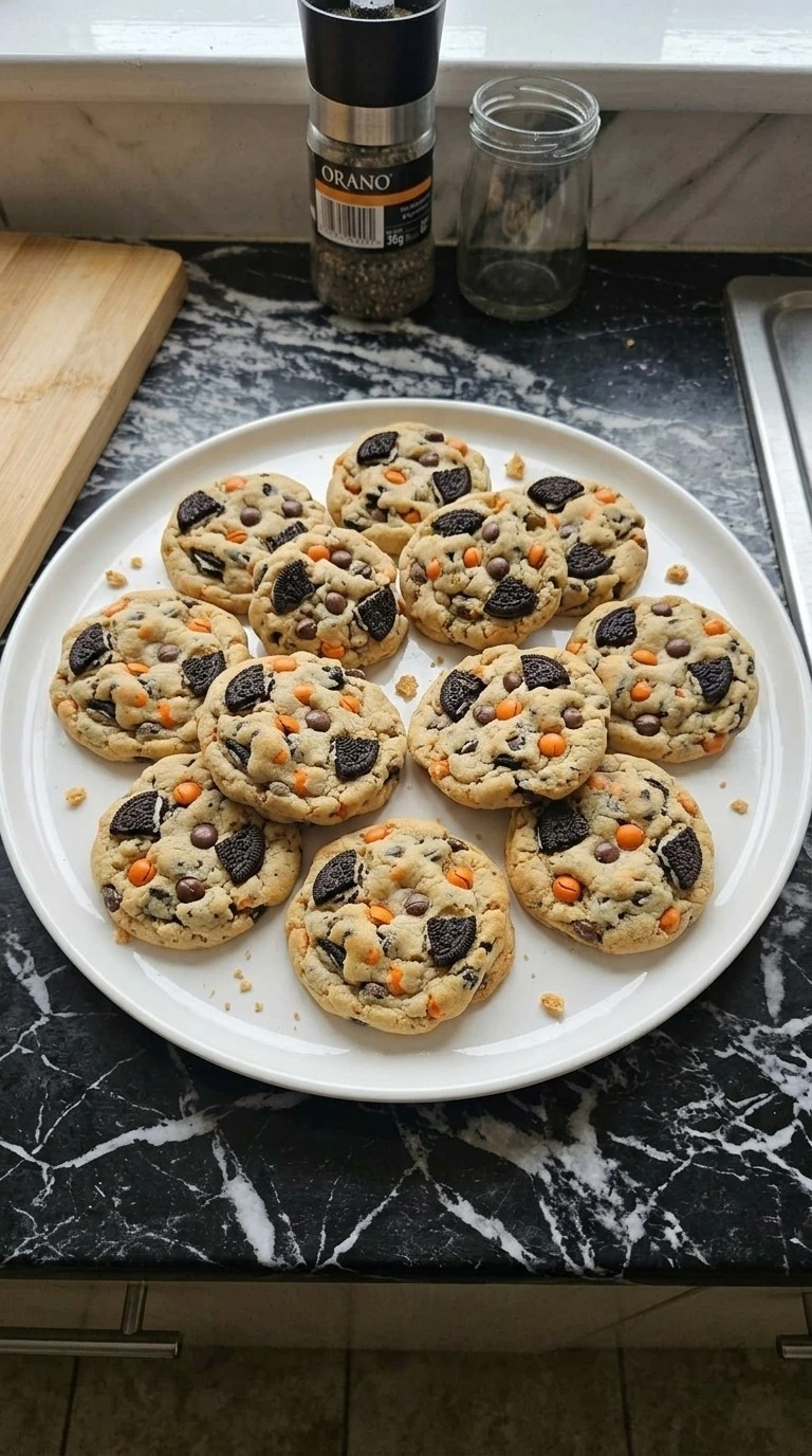 Halloween Oreo Cookies baked with lightly golden edges, soft centers and visible Oreo chunks Recipe focus: oreo halloween cookies.