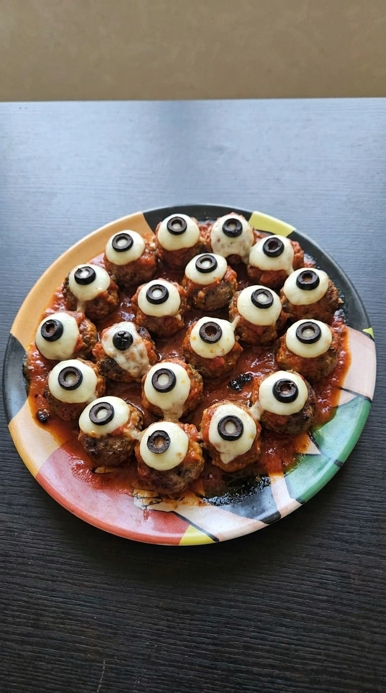 Halloween Party Food Meatballs with beef, marinara, mozzarella eyes and black olive pupils on a platter