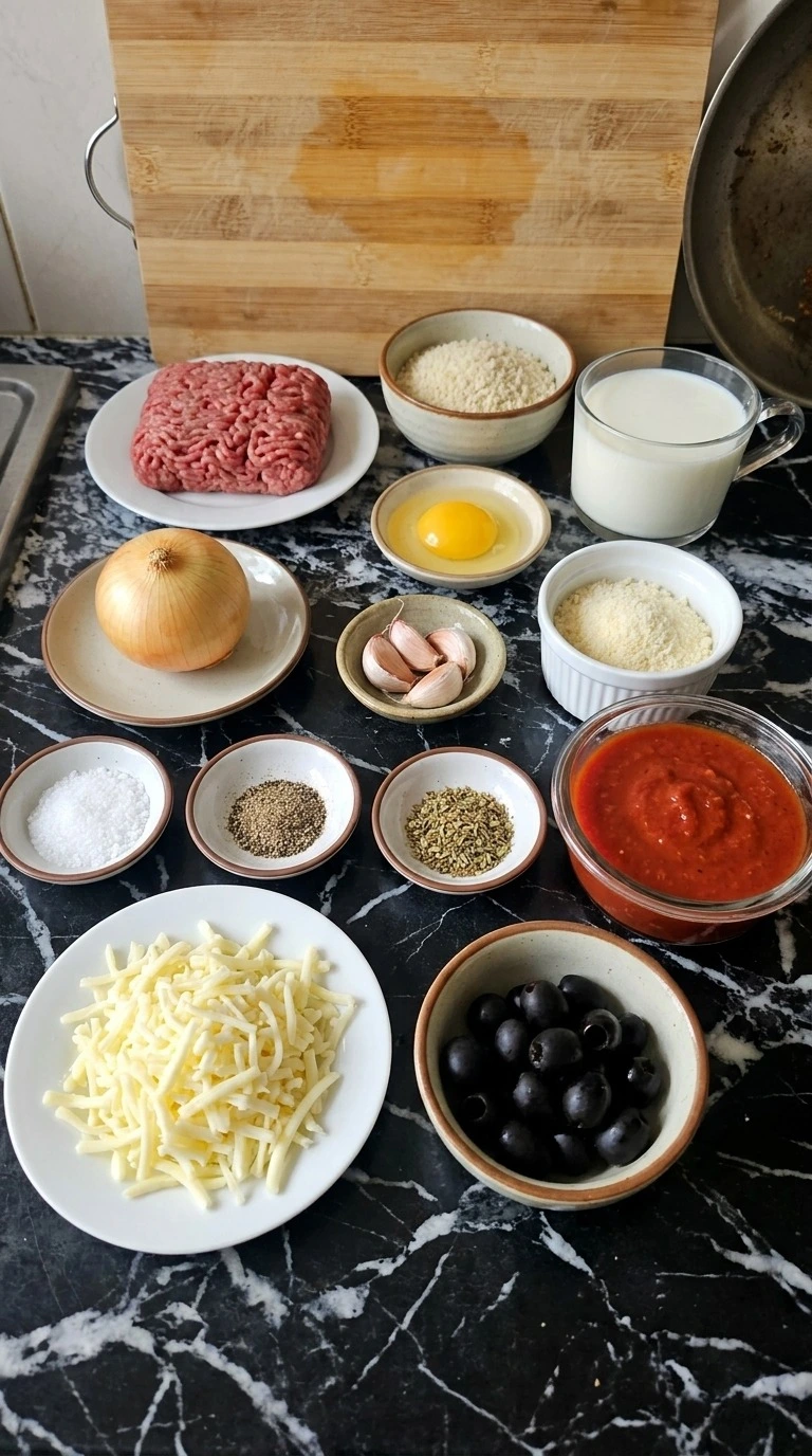 Halloween Party Food Meatballs ingredients with beef, marinara, mozzarella, olives, panko and seasonings