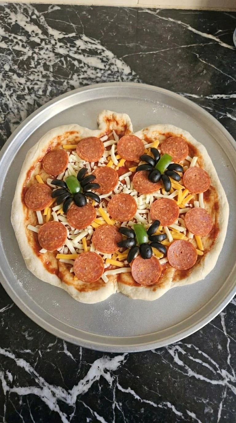 Halloween Party Food Pizza topped with cheese, 16 pepperoni slices, three olive spiders and green pepper stem