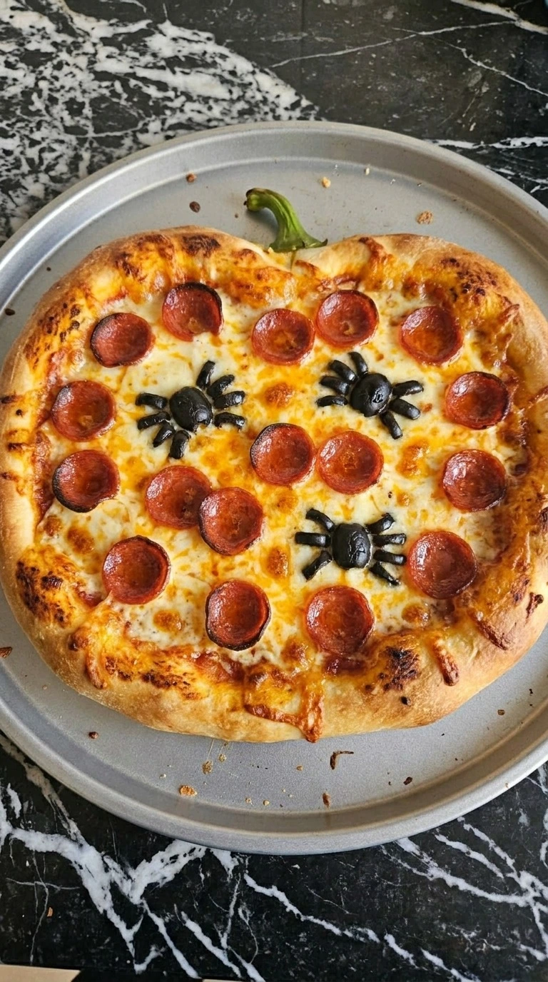 Halloween Party Food Pizza baked with deep golden crust, bubbling cheese, curled pepperoni and olive spiders