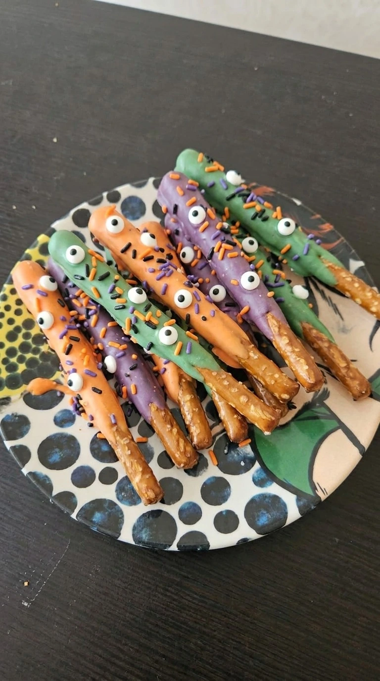 Halloween Party Food Pretzels with colorful chocolate coatings, candy eyes and orange black and purple jimmies on a white platter