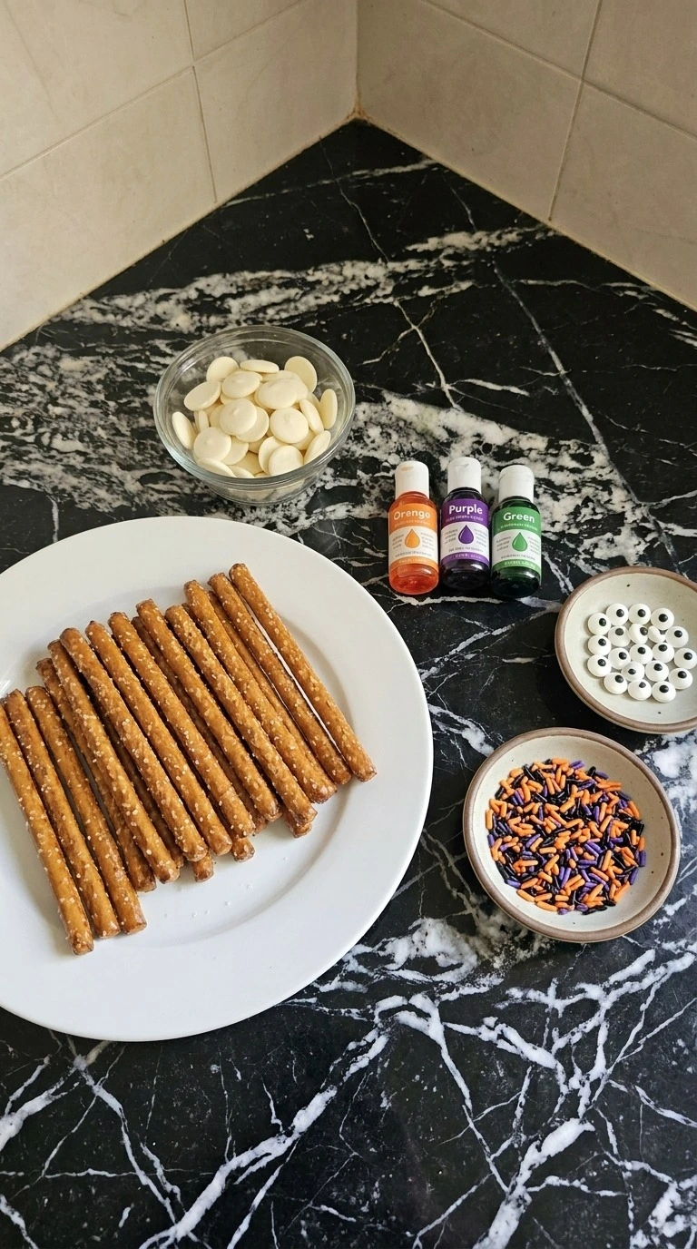 Halloween Party Food Pretzels ingredients with pretzel rods, white chocolate, candy colors, eyes and orange black and purple jimmies