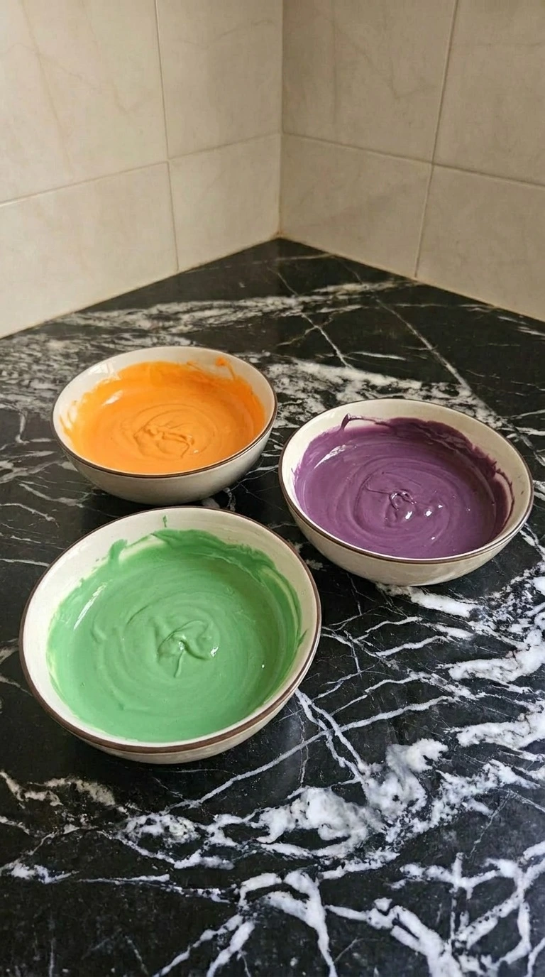 Orange, purple and green coatings for Halloween Party Food Pretzels divided into three smooth bowls