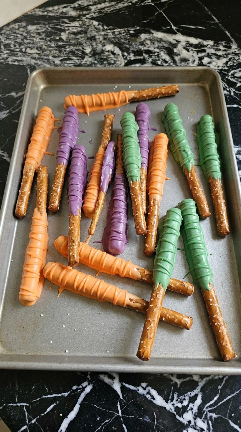 Dipped Halloween Party Food Pretzels with orange, purple and green coating over salted pretzel rods