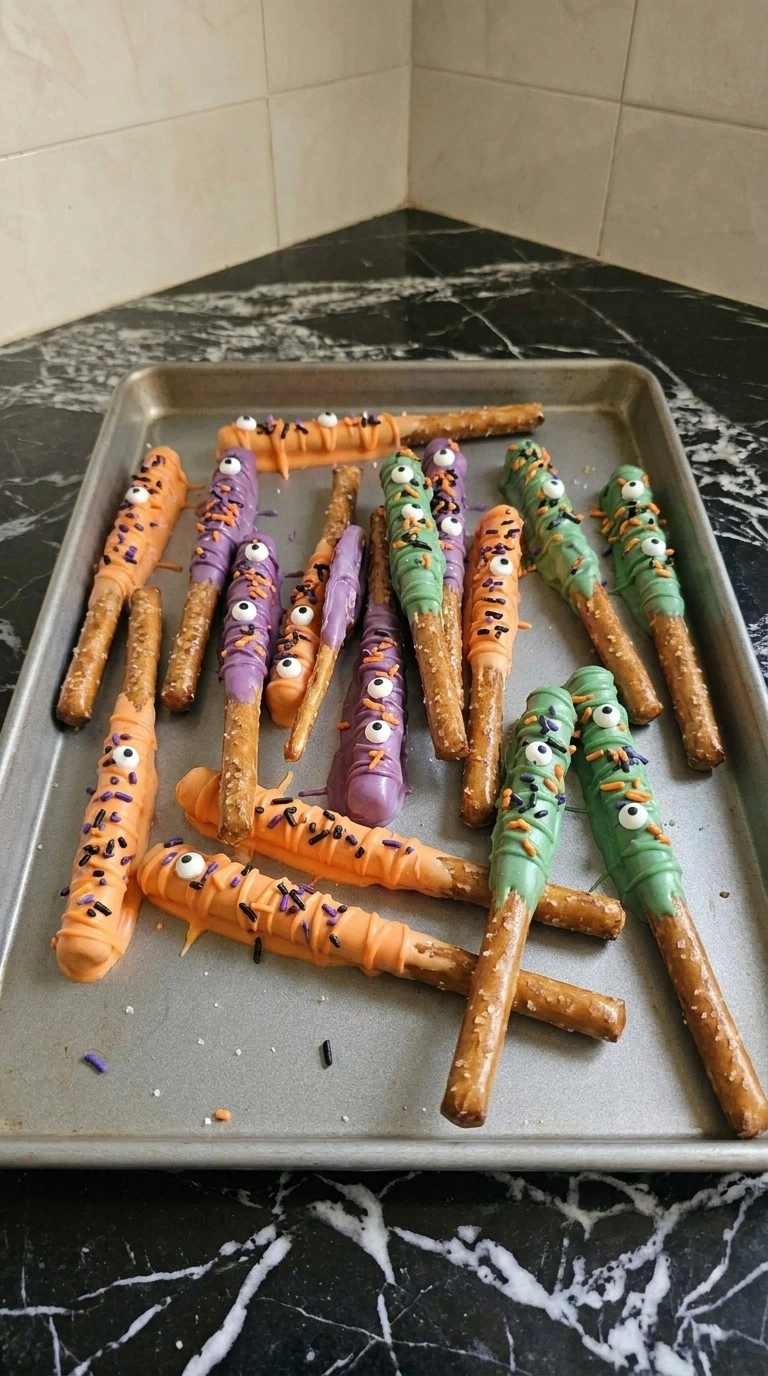 Halloween Party Food Pretzels set with candy eyeballs and orange black and purple jimmies over colorful chocolate shells