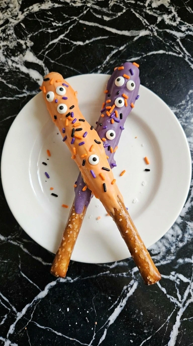 Two finished Halloween Party Food Pretzels plated with candy eyes, orange black and purple jimmies and crisp bare pretzel ends