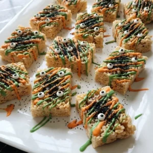 Halloween Party Food Rice Krispies with orange and green candy drizzle, candy eyes and black sanding sugar.