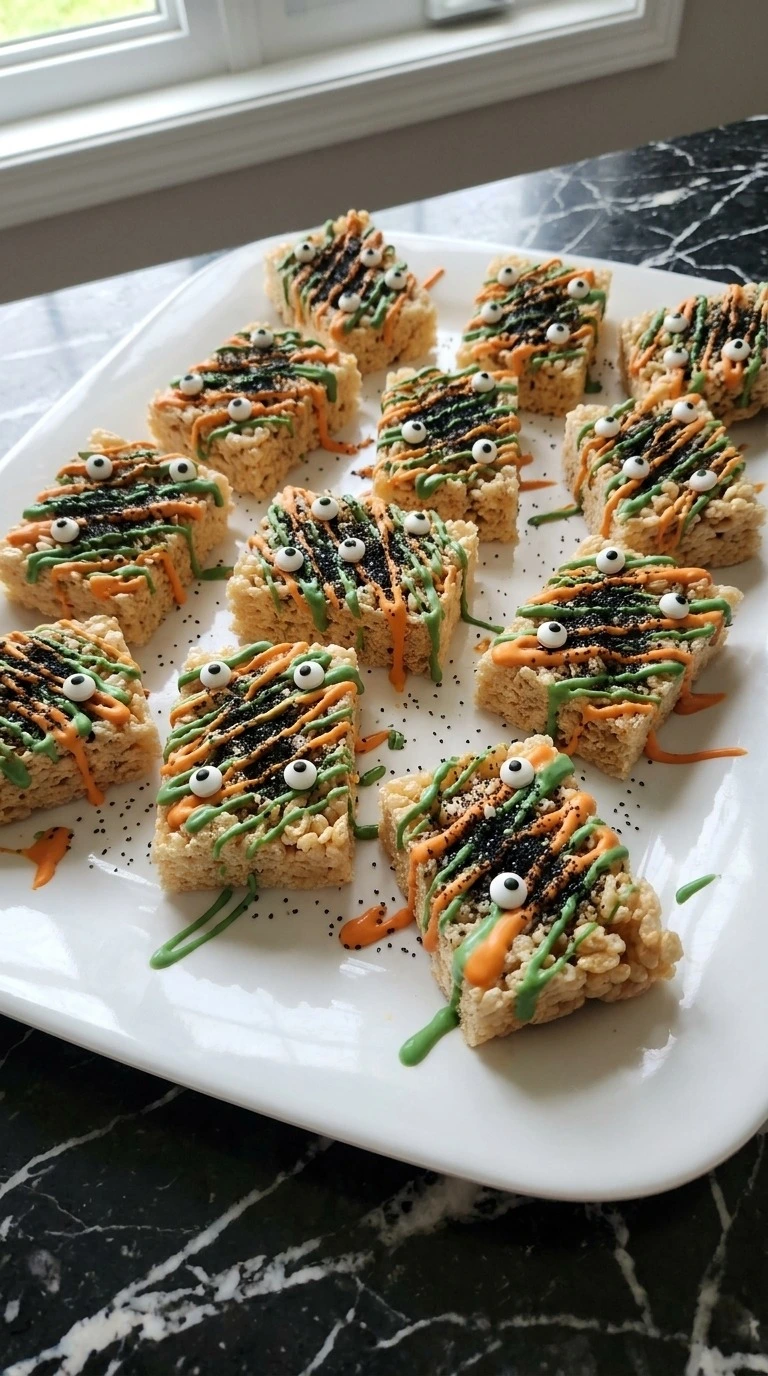 Halloween Party Food Rice Krispies with orange and green candy drizzle, candy eyes and black sanding sugar.