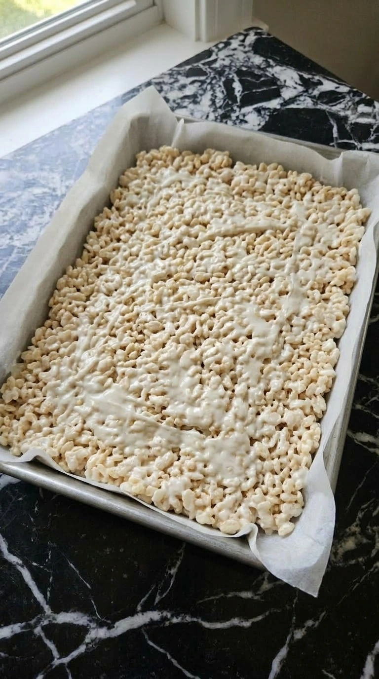 Halloween Party Food Rice Krispies step showing a lightly pressed cereal slab setting in a baking pan.