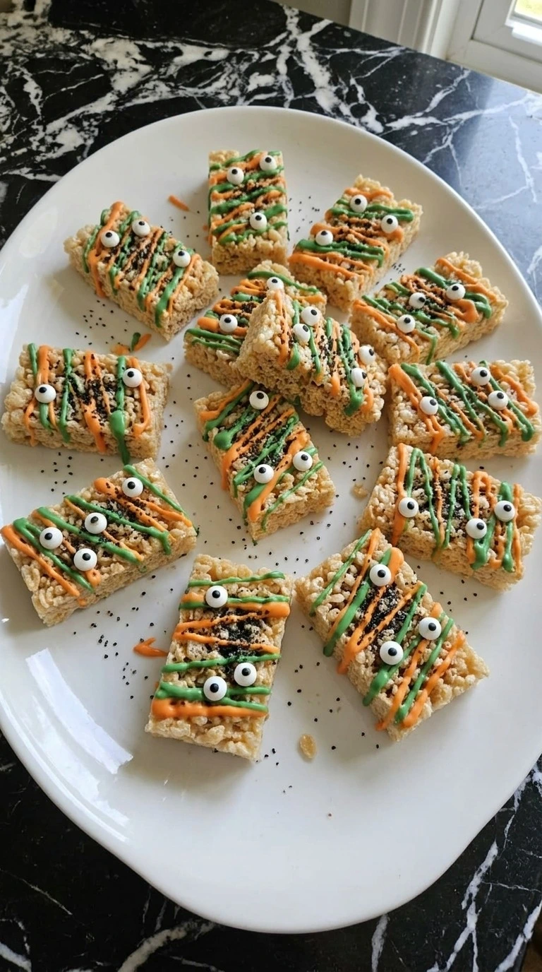 Halloween Party Food Rice Krispies finished as 12 decorated cereal bars with candy drizzle and eyes.