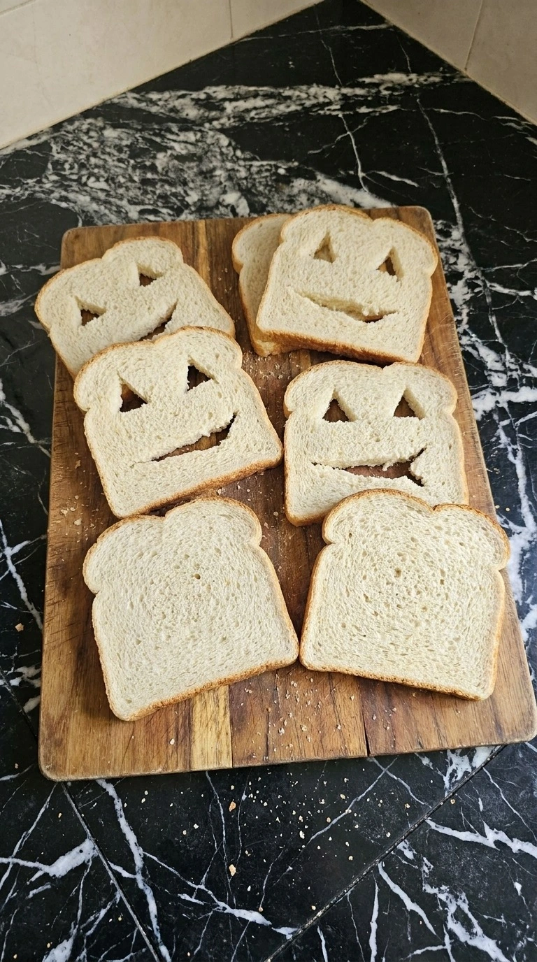 Halloween Party Food Sandwiches step with jack-o'-lantern faces cut into country white sandwich bread.