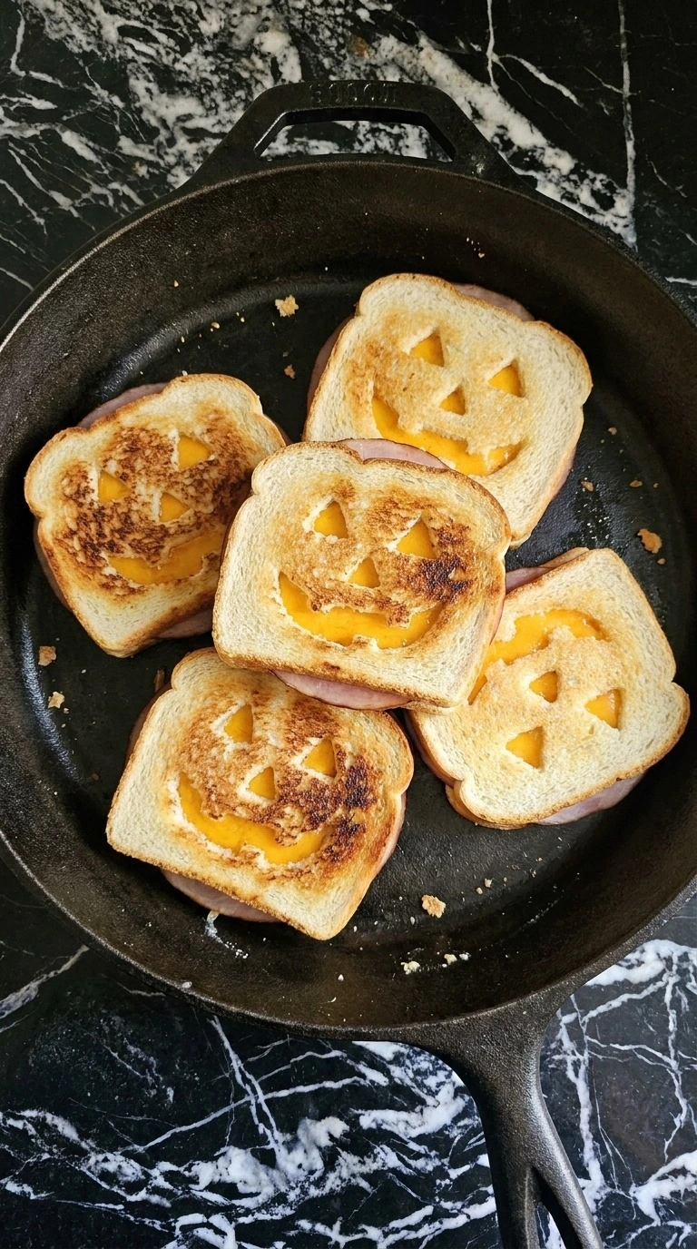 Halloween Party Food Sandwiches toasting face side down with deep golden patches forming around the cutouts.