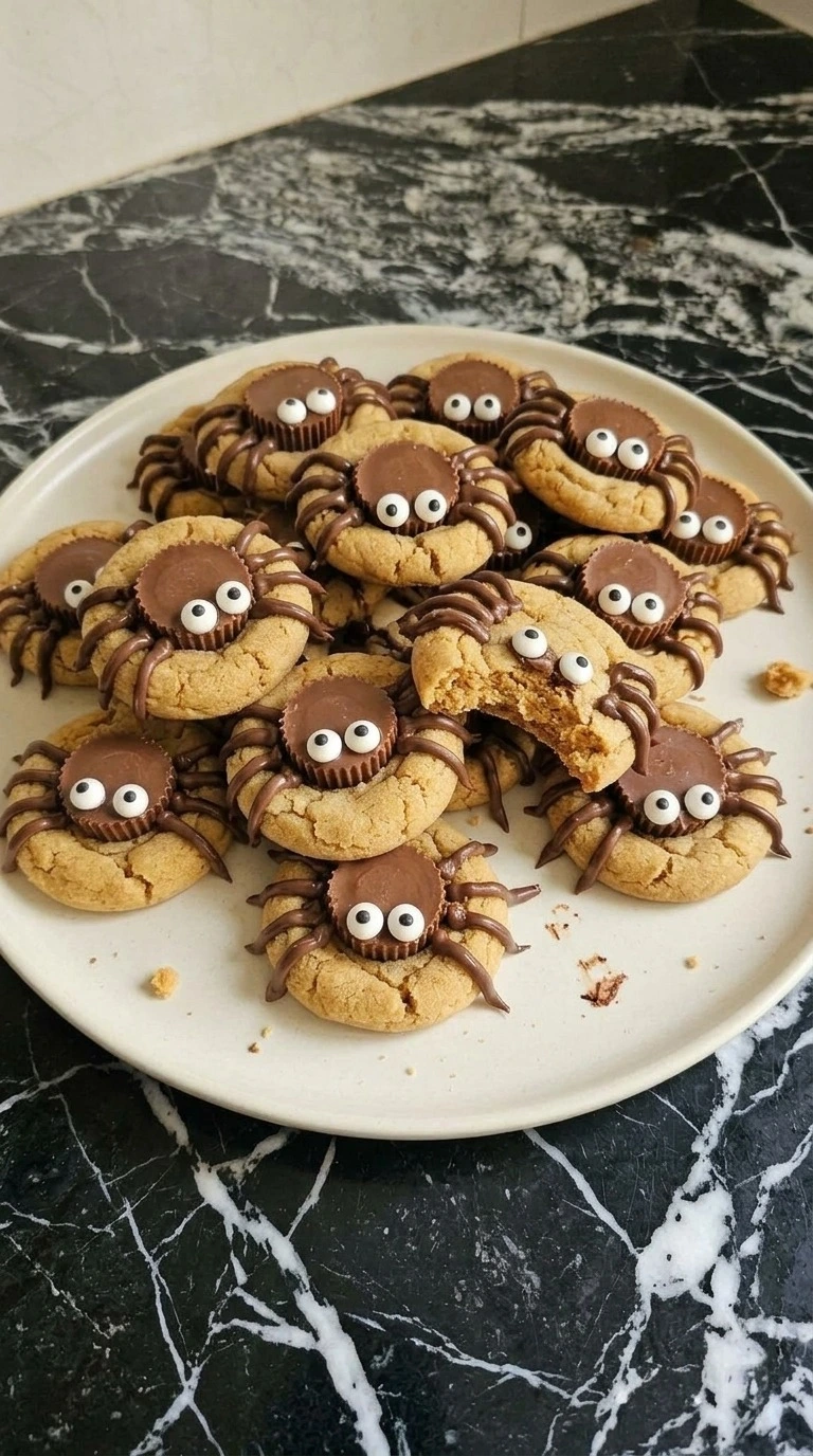 Halloween Peanut Butter Cookies topped with chocolate spider bodies, candy eyes and piped chocolate legs Recipe focus: peanut butter halloween cookies.