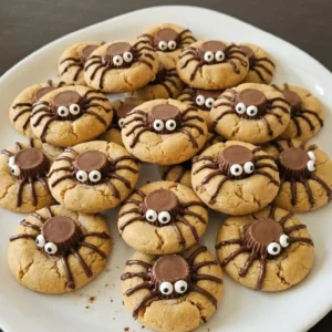 Halloween Peanut Butter Spider Cookies with chocolate spider bodies, candy eyes and piped legs on a white platter