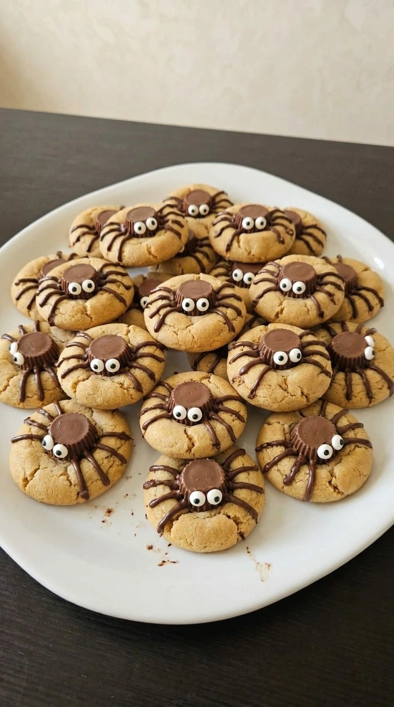Halloween Peanut Butter Spider Cookies with chocolate spider bodies, candy eyes and piped legs on a white platter
