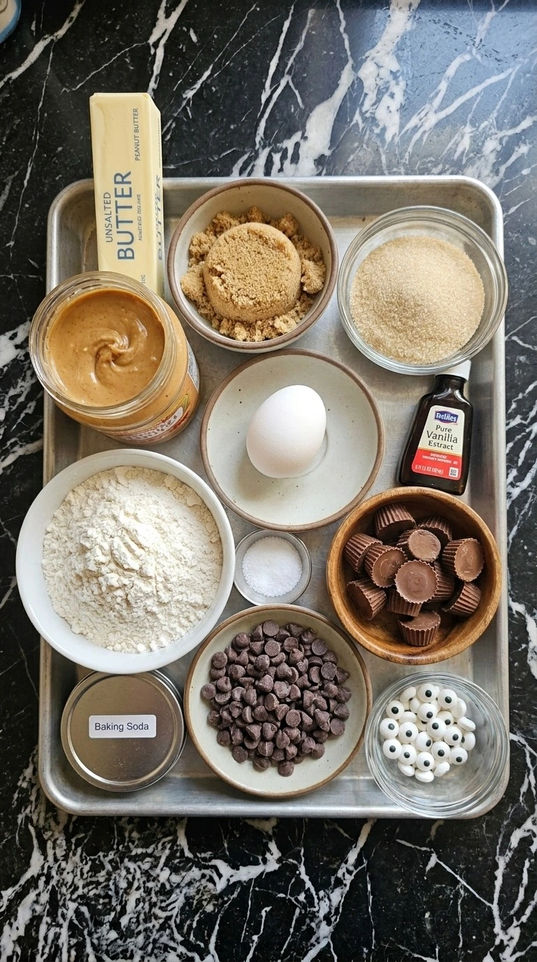 Halloween Peanut Butter Spider Cookies ingredients including peanut butter, flour, chocolate cups and candy eyes