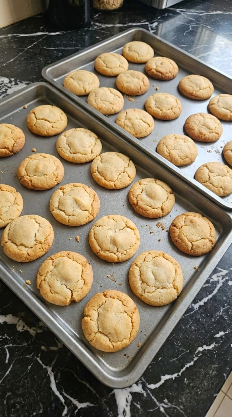 Halloween Peanut Butter Spider Cookies step 3 with 24 golden peanut butter cookie rounds fresh from the oven