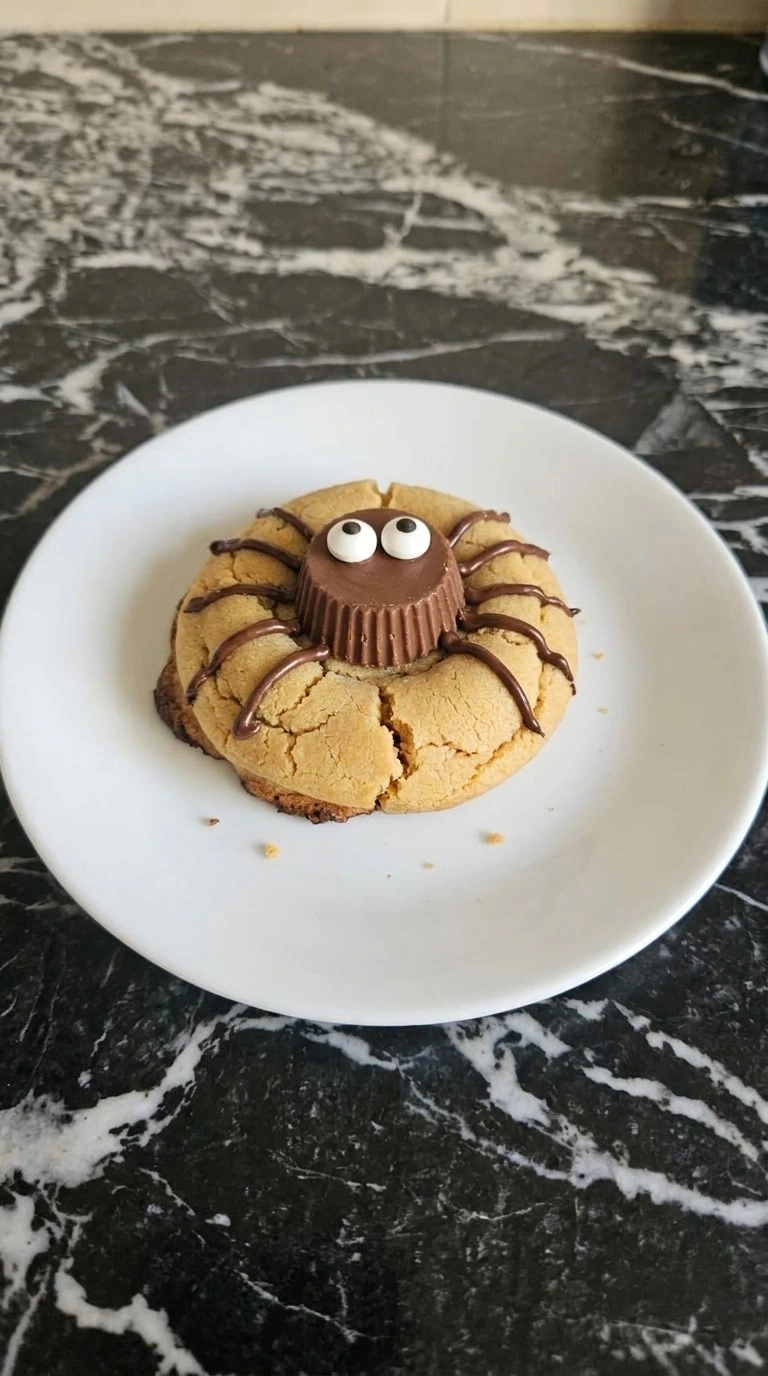 Halloween Peanut Butter Spider Cookies step 5 finished with piped chocolate legs and two candy eyes on each cookie
