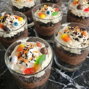 Halloween Pudding Dirt Cups with chocolate pudding layers and cookie crumbs Recipe focus: how to make halloween Recipe focus: halloween dirt pudding cups.