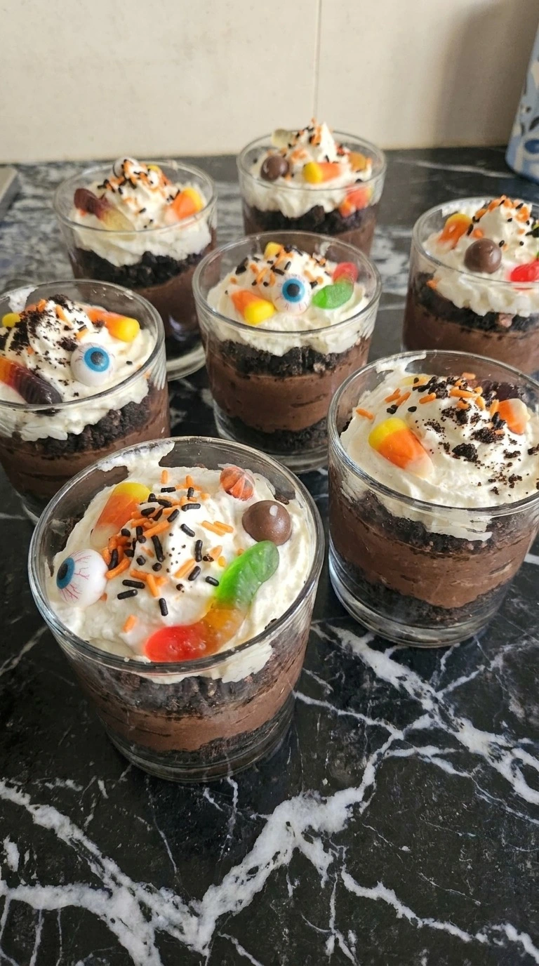 Halloween Pudding Dirt Cups with chocolate pudding layers and cookie crumbs Recipe focus: how to make halloween Recipe focus: halloween dirt pudding cups.