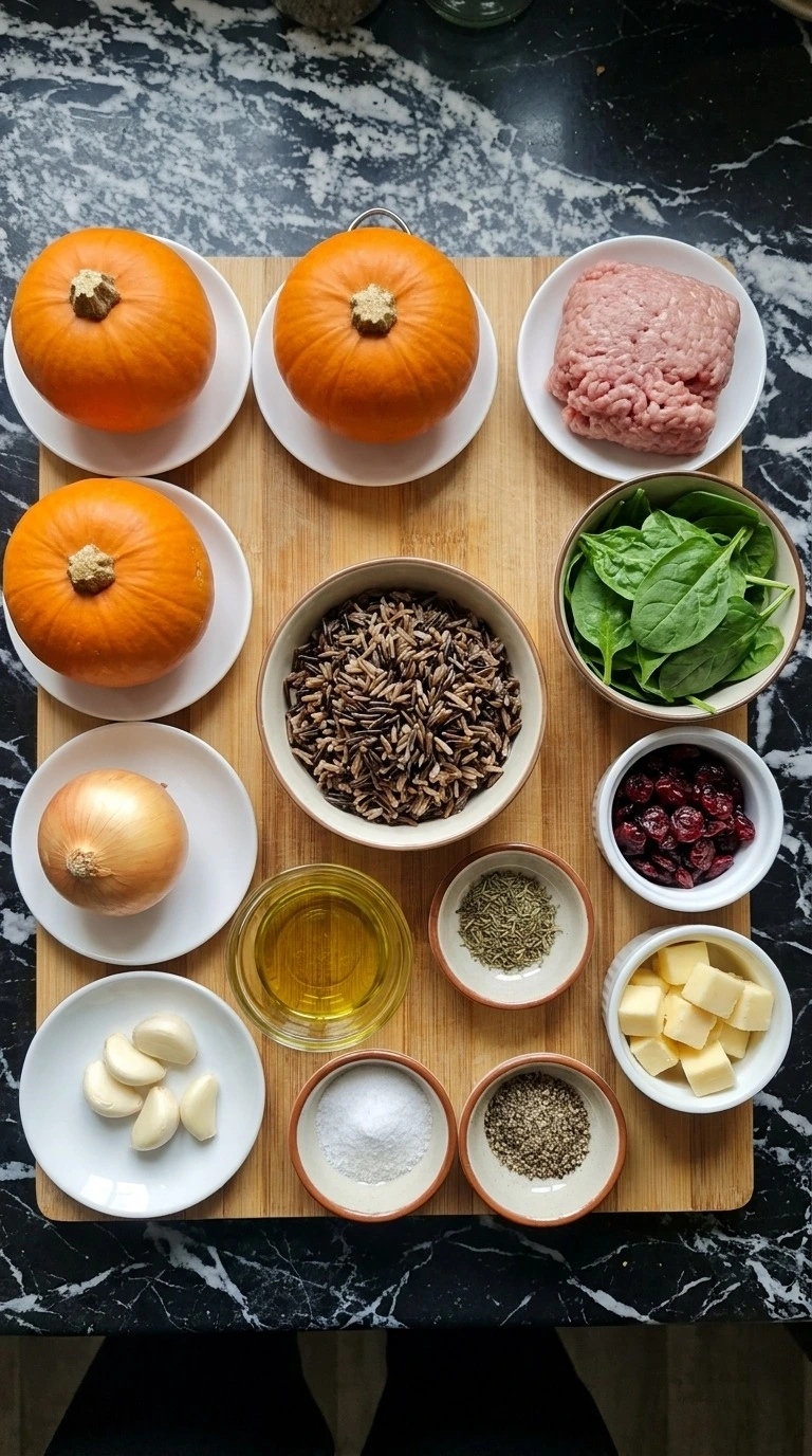 Halloween Pumpkin Carving ingredients with sugar pumpkins, turkey, wild rice, spinach and cheddar. Recipe focus: easy halloween pumpkin carving.