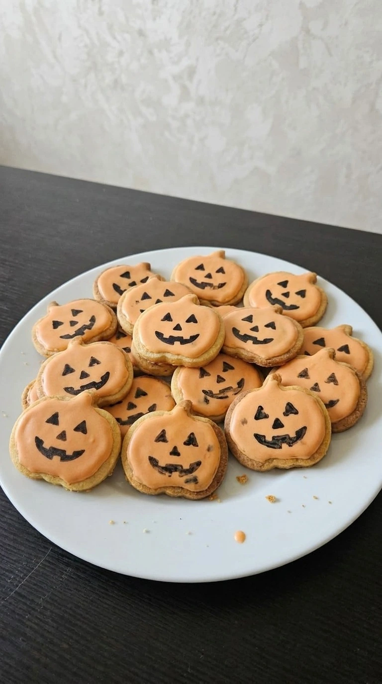 Halloween Pumpkin Carving Stencils shown as orange pumpkin cookies with hand-stenciled jack-o'-lantern faces