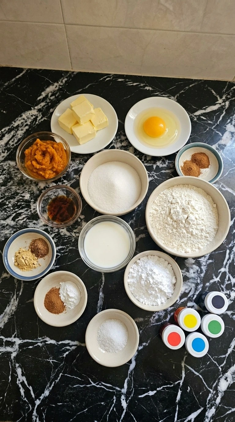 Halloween Pumpkin Carving Stencils ingredients measured separately for pumpkin spice cookies and icing