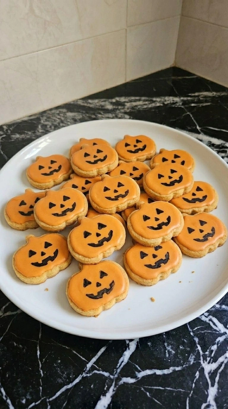 Halloween Pumpkin Carving Stencils finished as orange cookies with black jack-o'-lantern faces