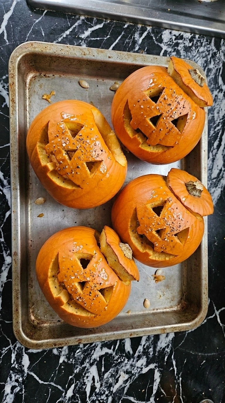 Halloween Pumpkin Carving step with four carved sugar pumpkin shells roasted until deeper orange but still firm. Recipe focus: easy halloween pumpkin carving.