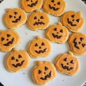 Halloween Pumpkin Cookies with orange glaze and uneven chocolate jack-o-lantern faces on a white plate Recipe focus: halloween cookies pumpkin.