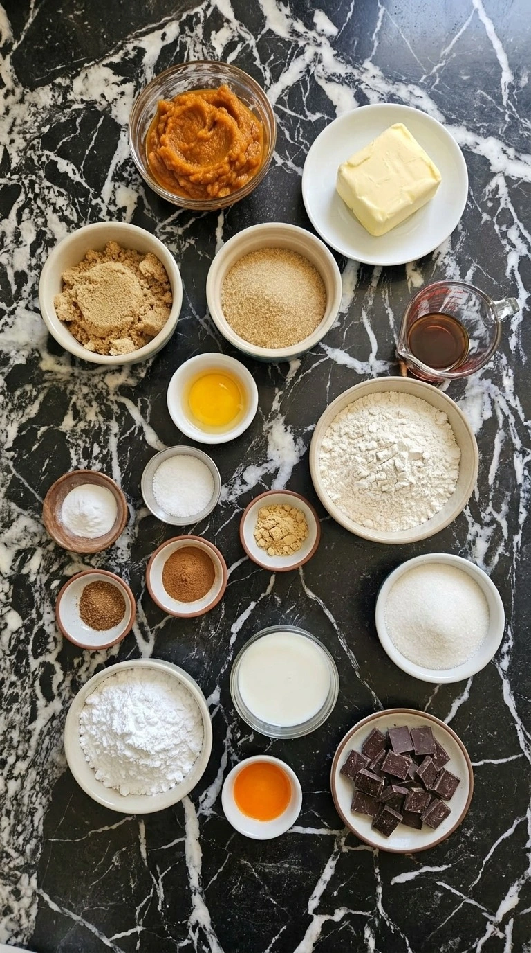 Halloween Pumpkin Cookies ingredients with pumpkin puree, flour, spices, glaze ingredients and semisweet chocolate Recipe focus: halloween cookies pumpkin.