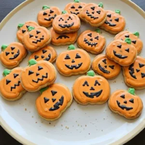 Halloween Pumpkin Cookies Royal Icing with orange tops, green stems and varied black faces on a white plate