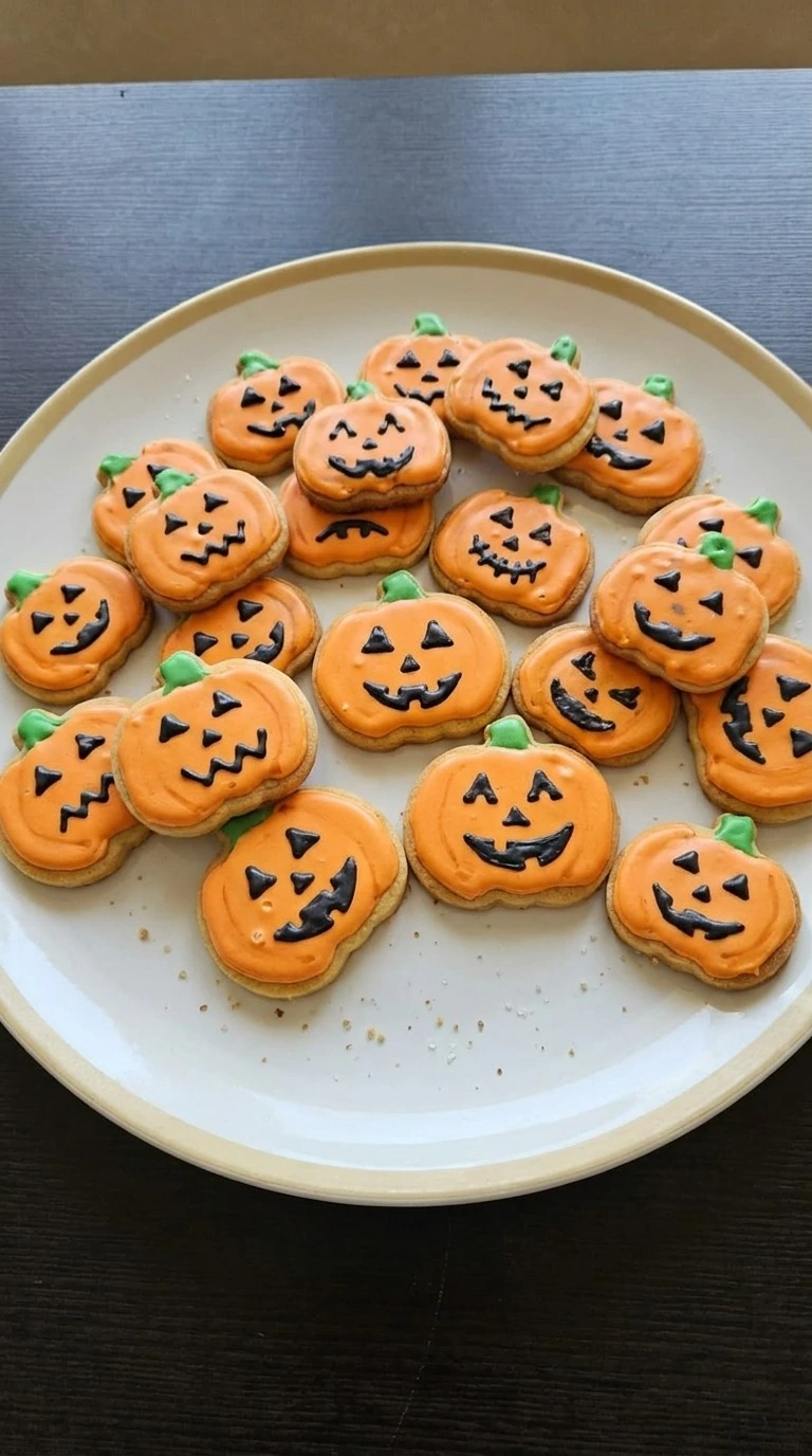 Halloween Pumpkin Cookies Royal Icing with orange tops, green stems and varied black faces on a white plate