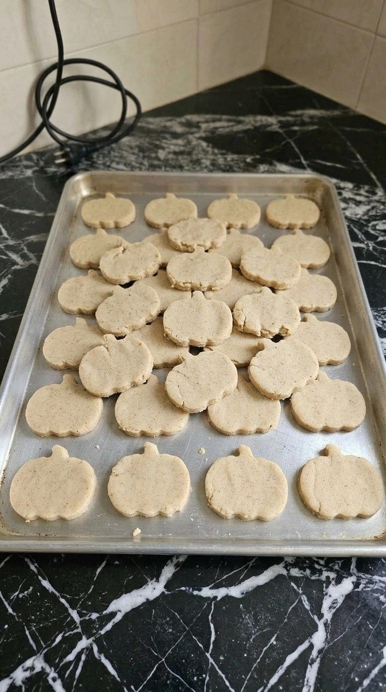 Halloween Pumpkin Cookies Royal Icing pumpkin cutouts chilled on a tray before baking