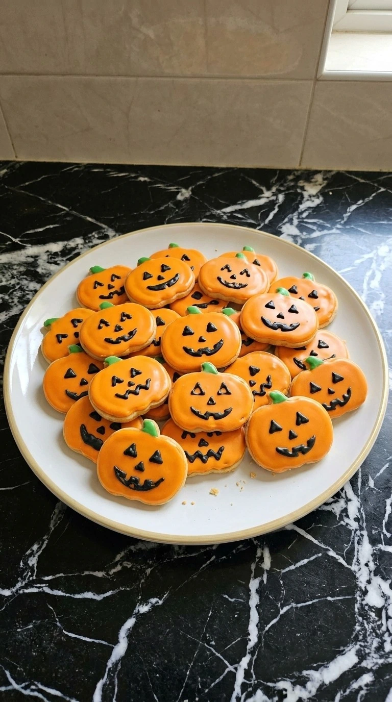 Halloween Pumpkin Cookies Royal Icing finished with orange icing green stems and varied black faces