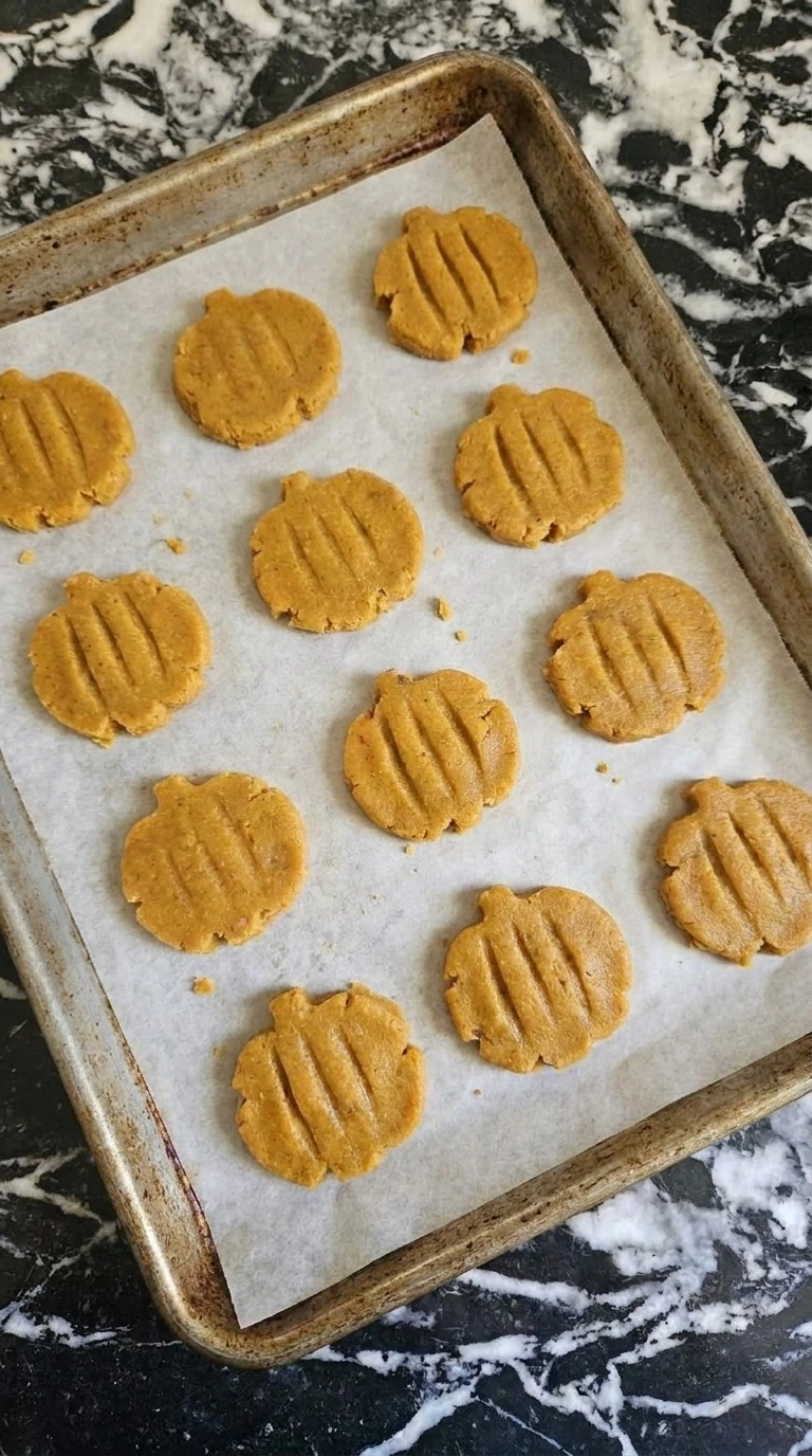 Halloween Pumpkin Cookies shaped into twelve grooved pumpkin rounds before baking Recipe focus: halloween cookies pumpkin.