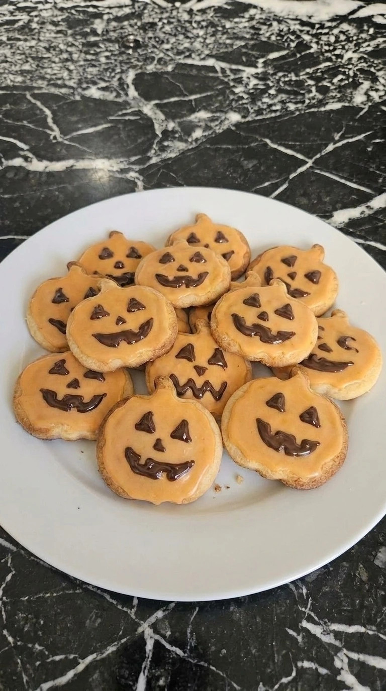 Halloween Pumpkin Designs shown as orange glazed pumpkin sugar cookies with chocolate jack-o'-lantern faces