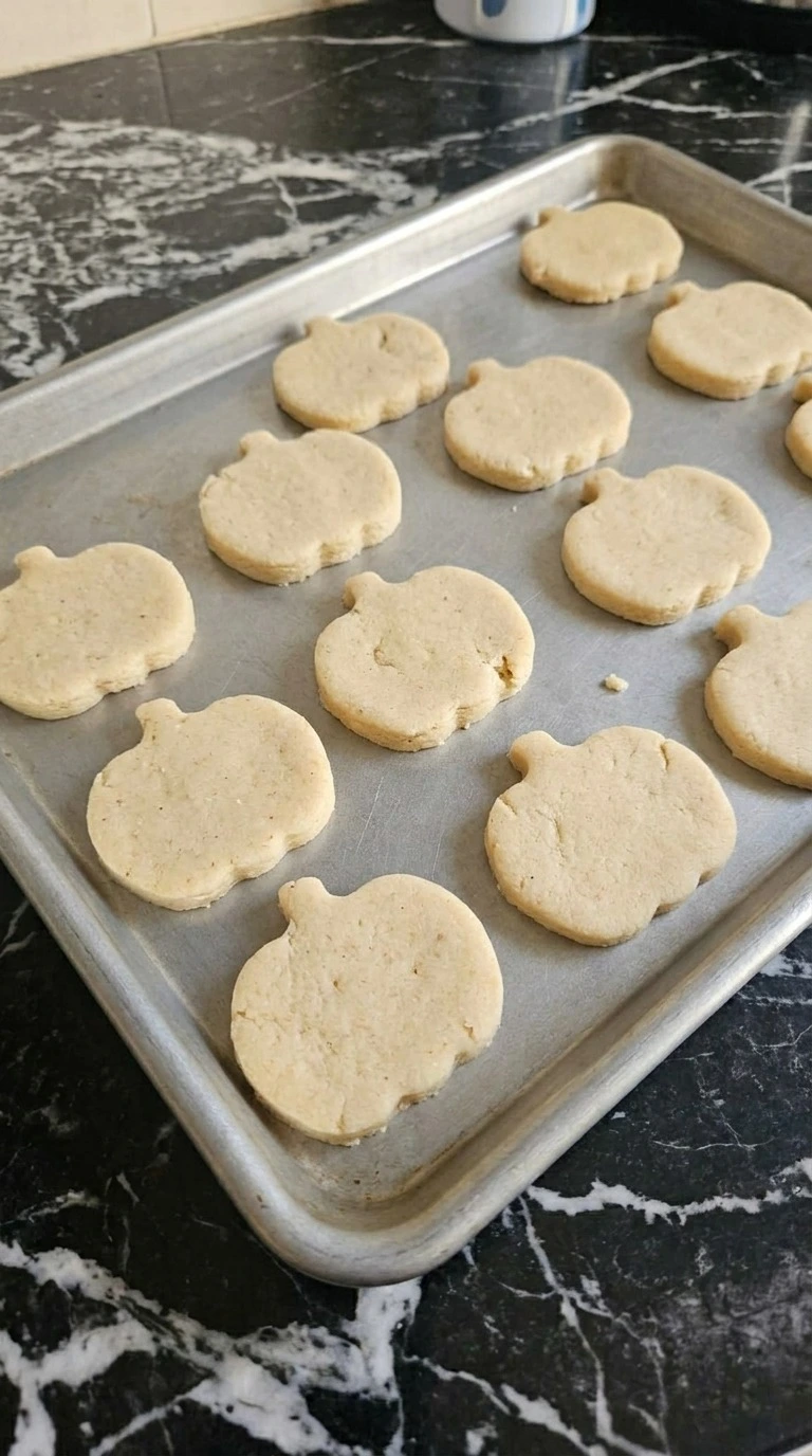 Halloween Pumpkin Designs step showing twelve raw pumpkin-shaped sugar cookie cutouts before baking