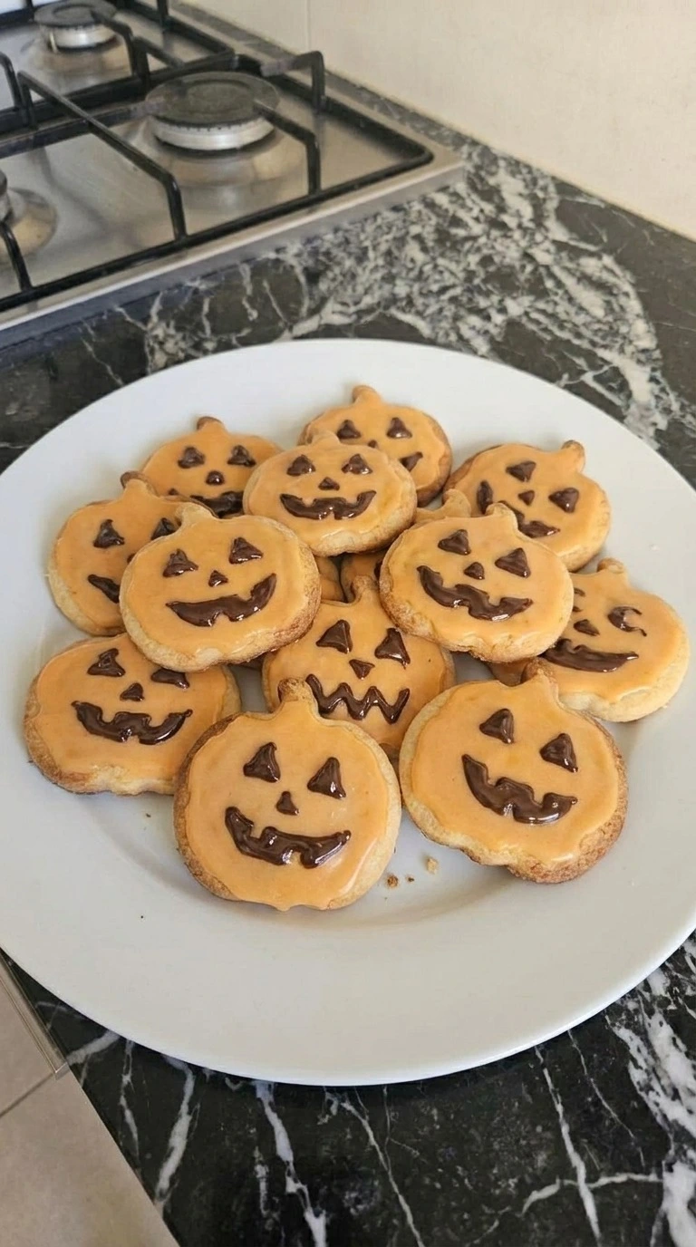 Halloween Pumpkin Designs finished with orange glaze and irregular semisweet chocolate jack-o'-lantern faces