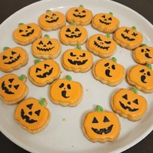 Halloween Pumpkin Painting shown as orange pumpkin sugar cookies with hand-painted black faces on a white Recipe focus: halloween pumpkin painting ideas easy.