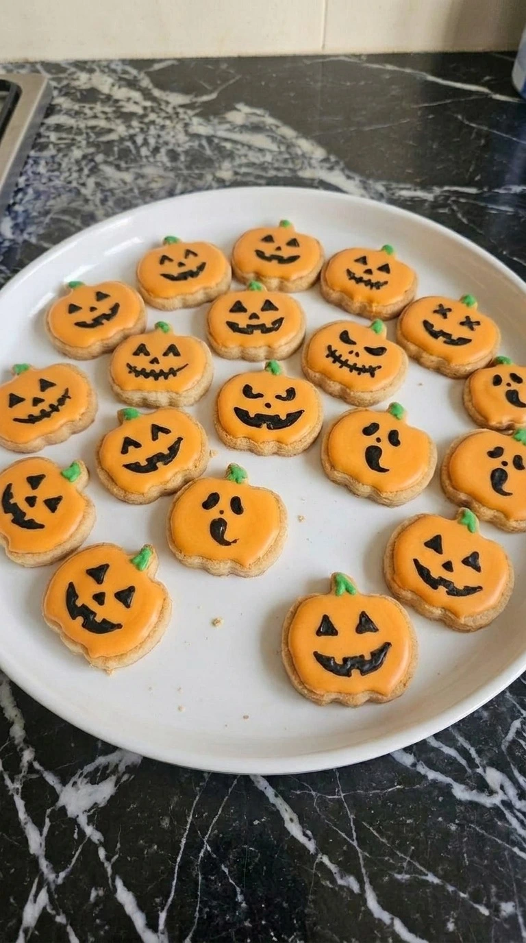 Halloween Pumpkin Painting finished cookies with varied black faces and green stems on orange icing Recipe focus: pumpkin painting ideas halloween.