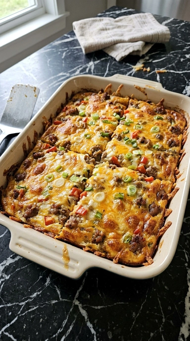 Hashbrown Breakfast Casserole baked golden with sausage, cheddar and crisp potato edges Recipe focus: hash brown breakfast casserole.
