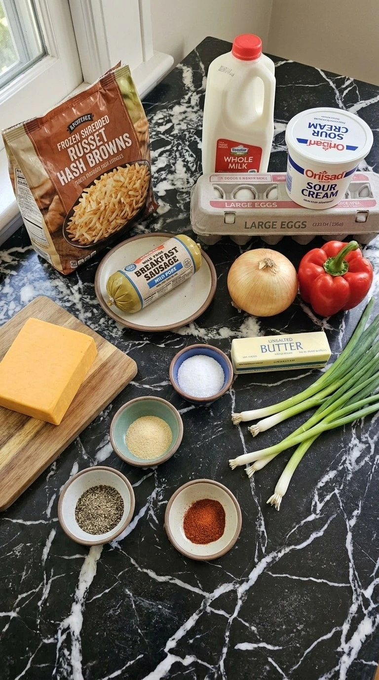 Hashbrown Breakfast Casserole ingredients with russet hash browns, eggs, sausage and cheddar Recipe focus: easy breakfast casserole.
