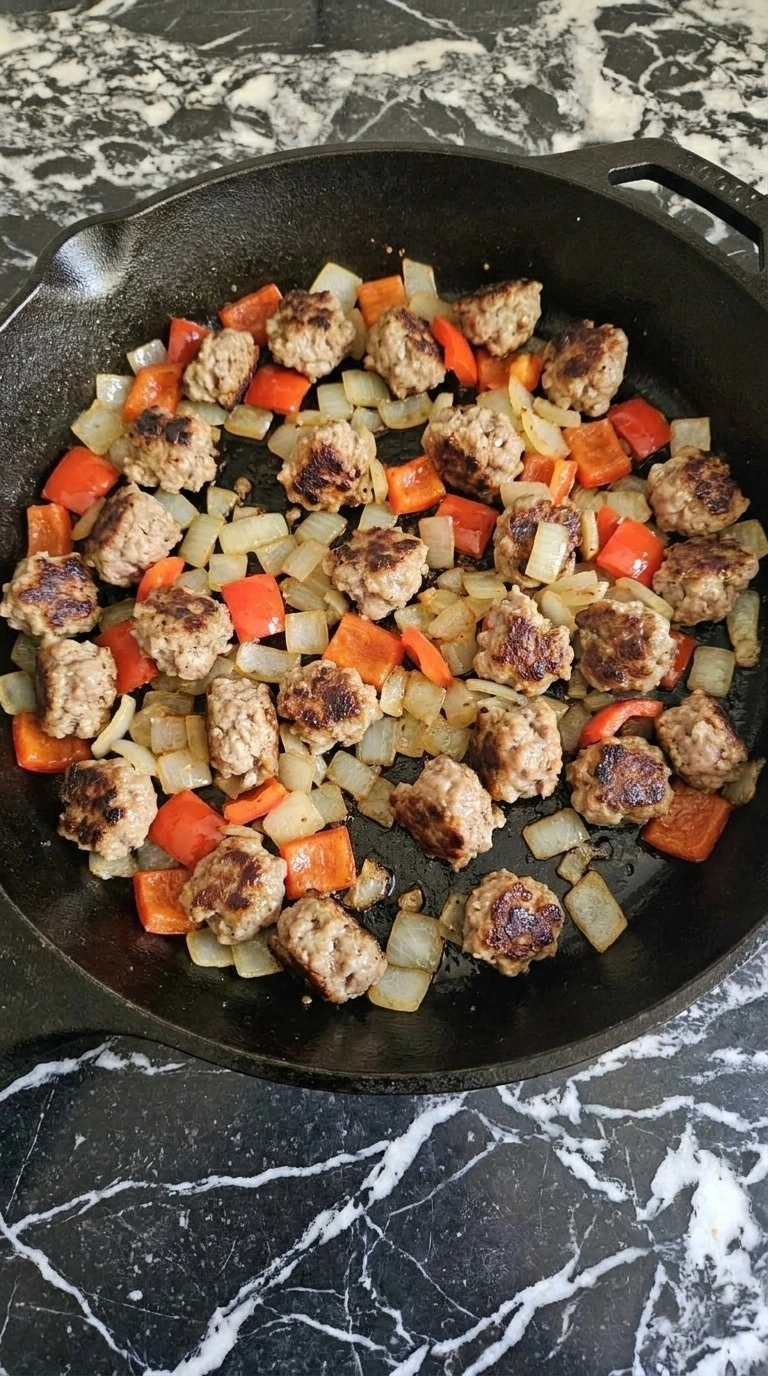 Hashbrown Breakfast Casserole step with browned sausage, onion and red bell pepper Recipe focus: overnight breakfast casserole.