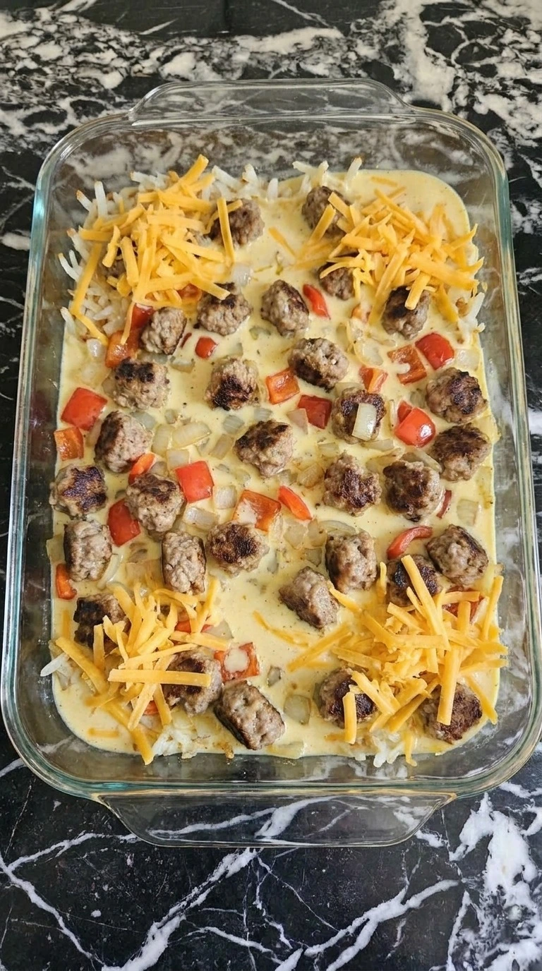Hashbrown Breakfast Casserole layered with hash browns, sausage, custard and cheddar Recipe focus: breakfast casserole with hashbrowns.