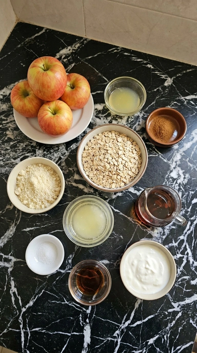 Healthy Apple Fall Desserts ingredients with Honeycrisp apples, rolled oats, almond flour and maple syrup