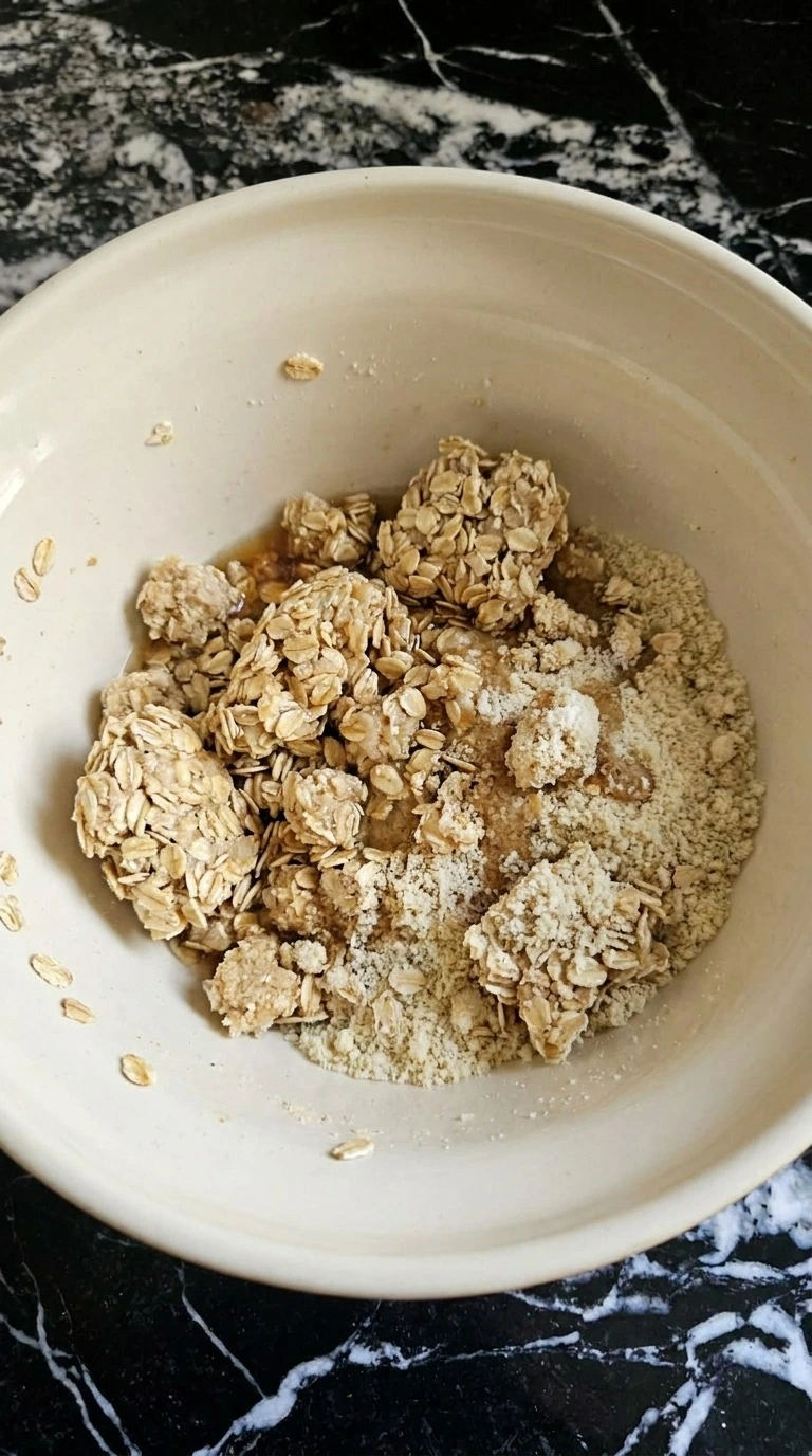 Healthy Apple Fall Desserts step showing maple oat and almond flour crumble mixture