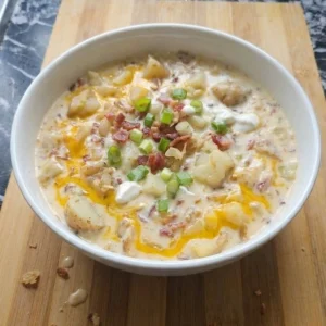 Loaded Baked Potato Soup in a bowl with melted cheese bacon and toppings Recipe focus: potato soup recipe.