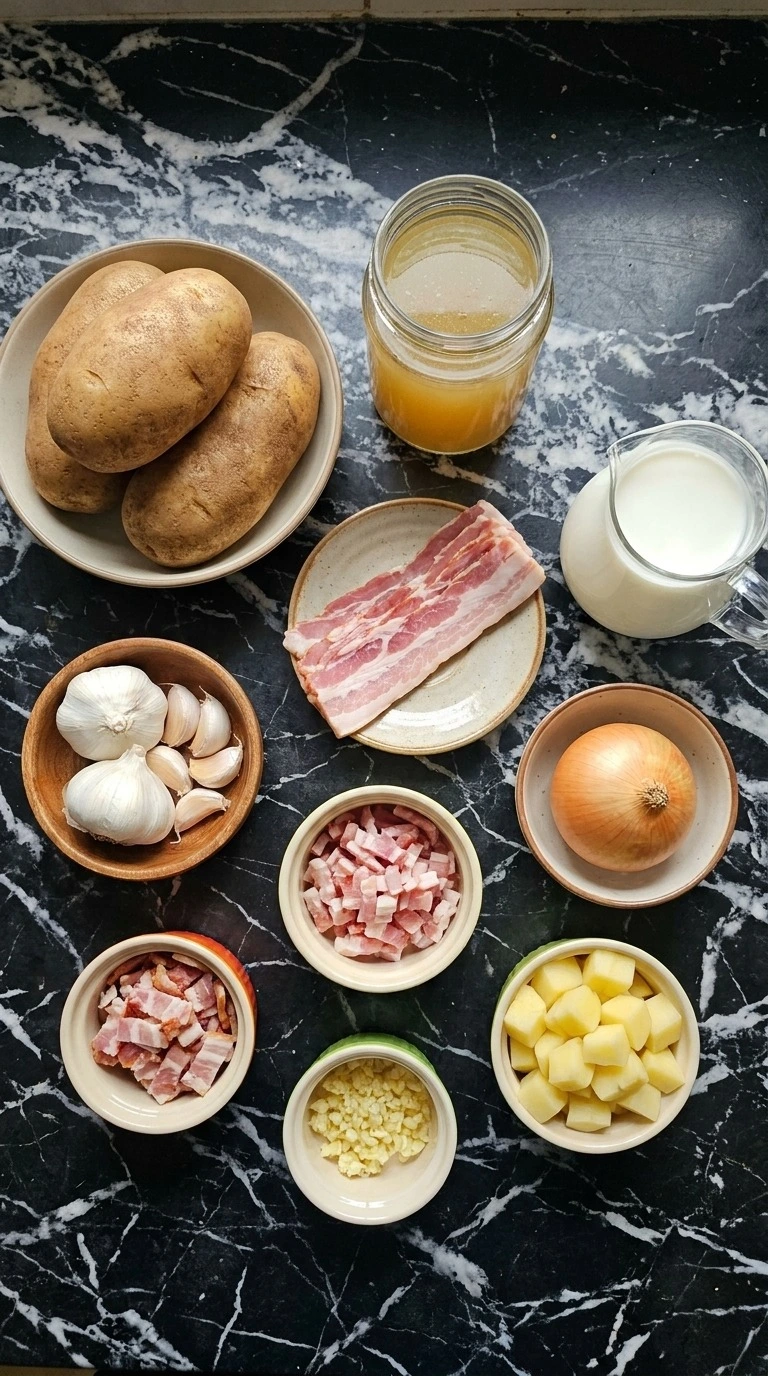 Loaded Baked Potato Soup ingredients with potatoes bacon cheddar and onions Recipe focus: cheesy potato soup.